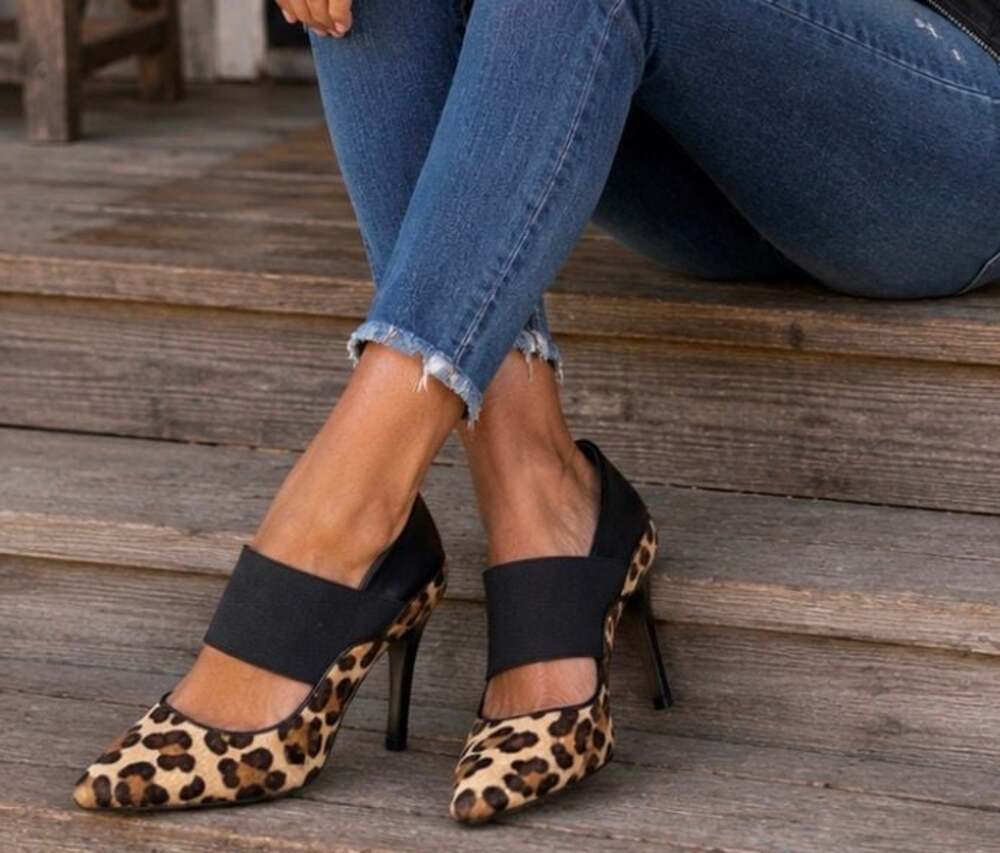 NEW Calvin Klein Leopard Print Calf Hair Stiletto Pumps with Elastic Strap 7.5